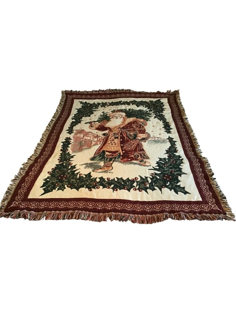 Goodwin Weavers Vtg Father Christmas Santa Claus Tapestry Fringed Throw Blanket